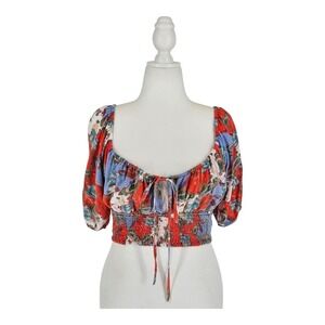 Iky & Me Smocked Milkmaid Paisley Cropped Blouse Womens L Resort Summer Tropical